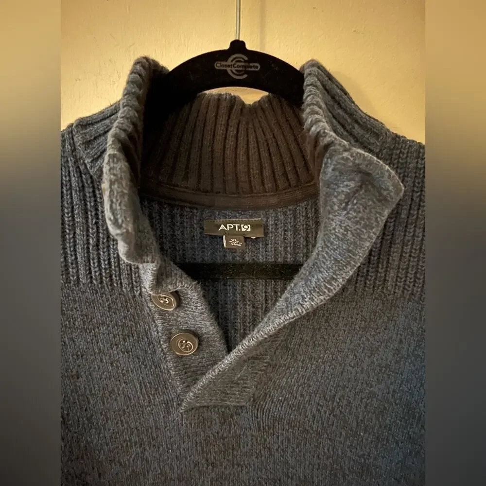 Men's Apt. 9 Onyx Blue Long‎ Sleeve Button Mock Neck Casual Sweater XL VGUC